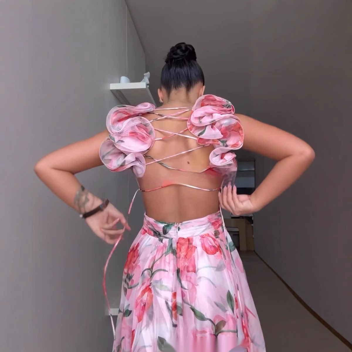 Petal Whisper Lace-Up Gown